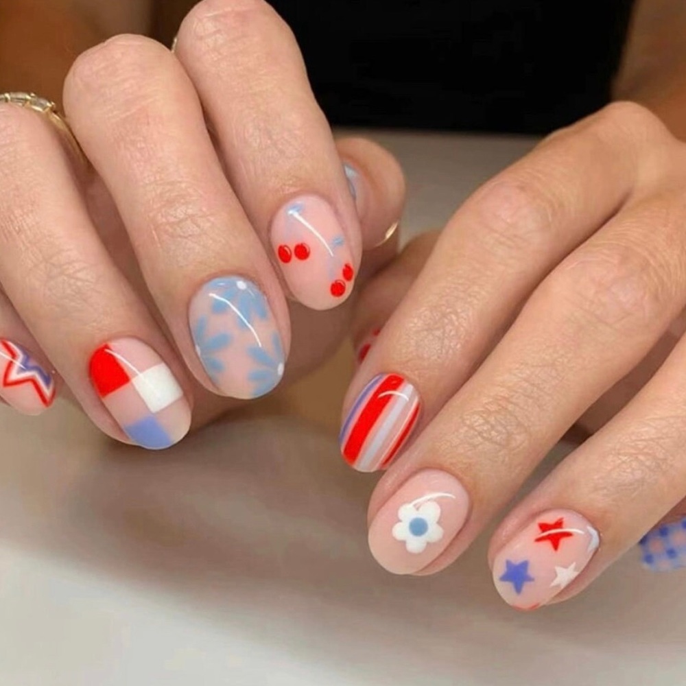 Press on nails summer Fourth of July Memorial Day red white and blue short round